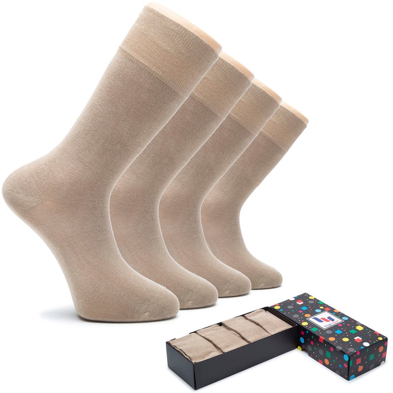 Hugh Ugoli Men's Rayon Dress Socks for Business & Trouser, Thin & Seamless Crew Socks, 4 Pairs with Gift Box, Dark Beige, Shoe Size: 8-12 - Image 1